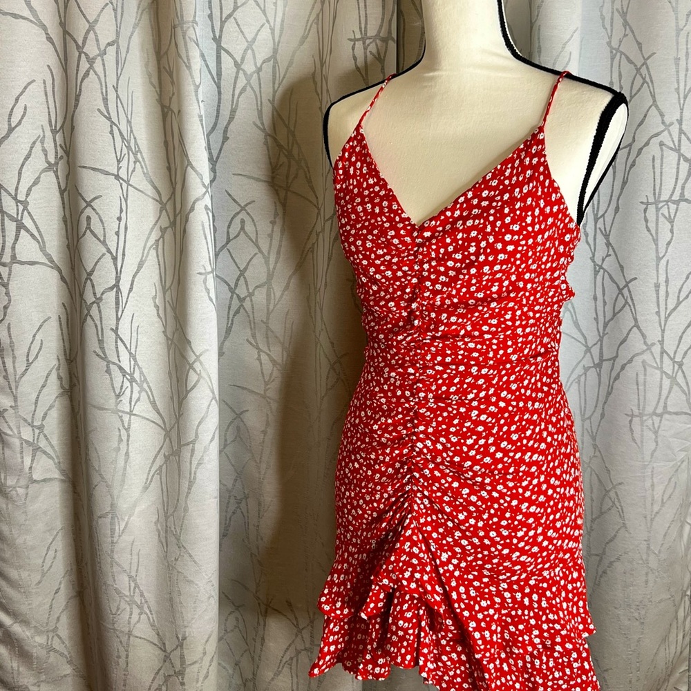Zara Red Floral Dress Chiffon. Small. Like New. Fits XS-S. Adjustable Back Tie.